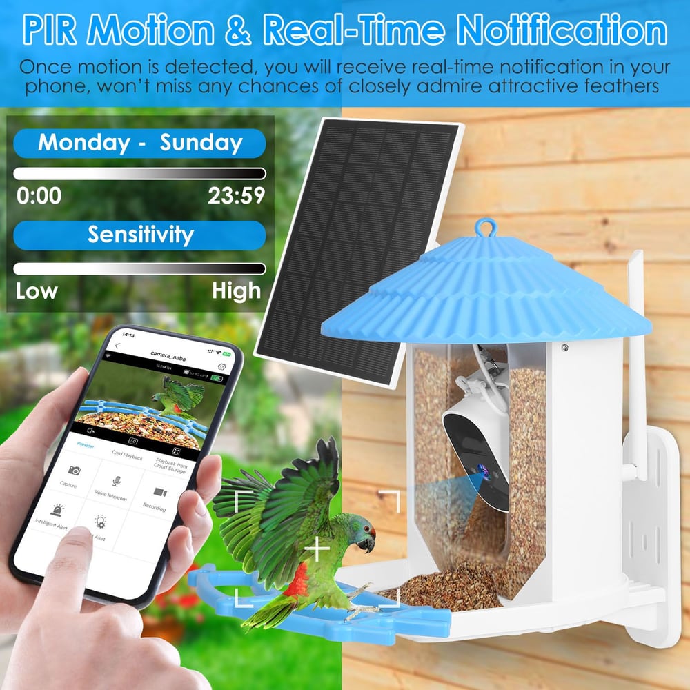 Smart bird feeder with PIR motion detection, real-time notifications, and solar panel, featuring an image of a colorful parrot using the feeder, and a smartphone displaying settings for alerts and sensitivity.