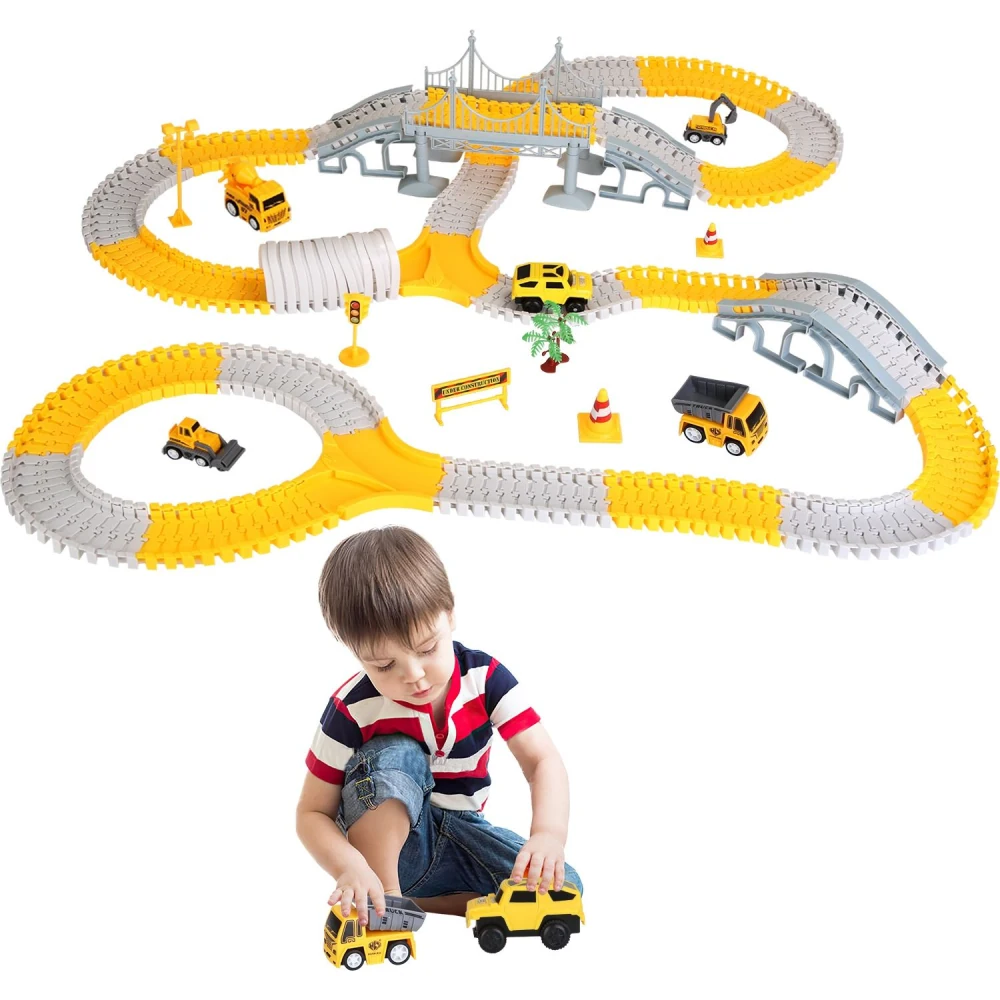 Colorful flexible toy car track set featuring construction vehicles and accessories, with a child playing with toy trucks, promoting imaginative play and fine motor skills development.
