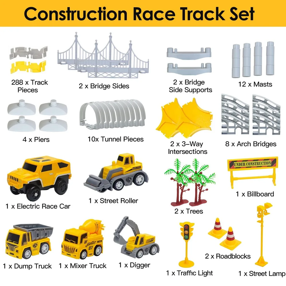 Construction race track set including 288 track pieces, vehicles like electric race car and dump truck, bridge components, trees, roadblocks, and accessories for creative play.