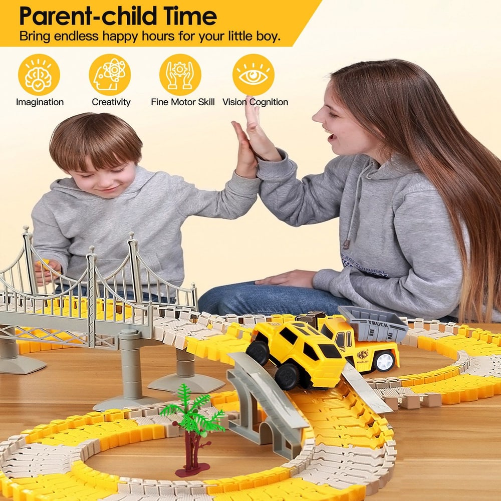 A parent and child joyfully interacting while playing with a colorful toy train track set featuring a bridge and vehicles, promoting imagination and fine motor skills.