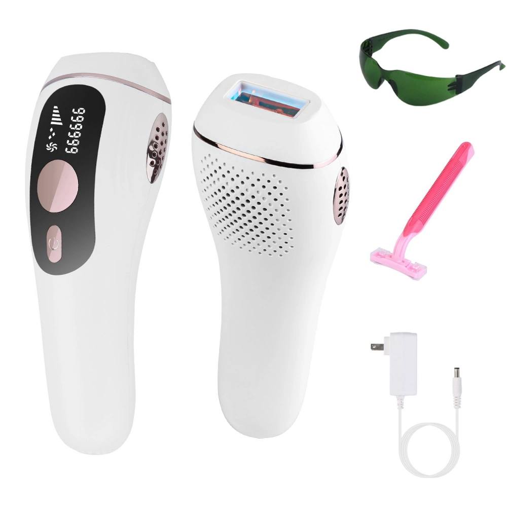 Home laser hair removal device with digital display, including green protective goggles, pink razor, and power adapter for effective and safe hair removal treatments.