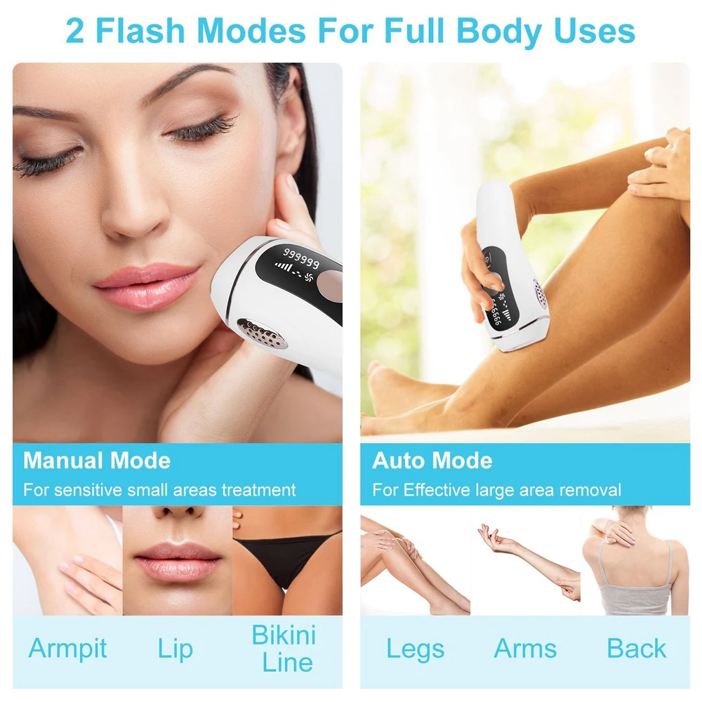 Hair removal device with modes for manual and automatic use, shown in application on armpits, lips, bikini line, legs, arms, and back; ideal for sensitive and larger areas.