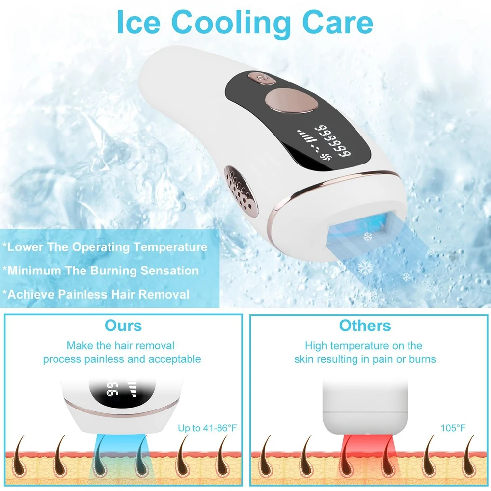 Ice cooling hair removal device with digital display, showcasing its technology for painless hair removal and lower operating temperature, highlighted against a water backdrop.