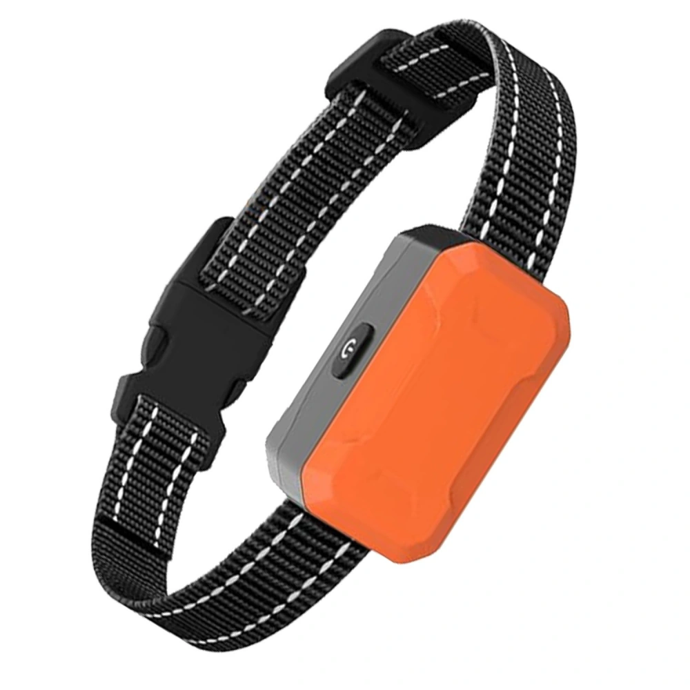 Orange GPS tracking collar with a black adjustable strap and reflective stitching for pet safety.
