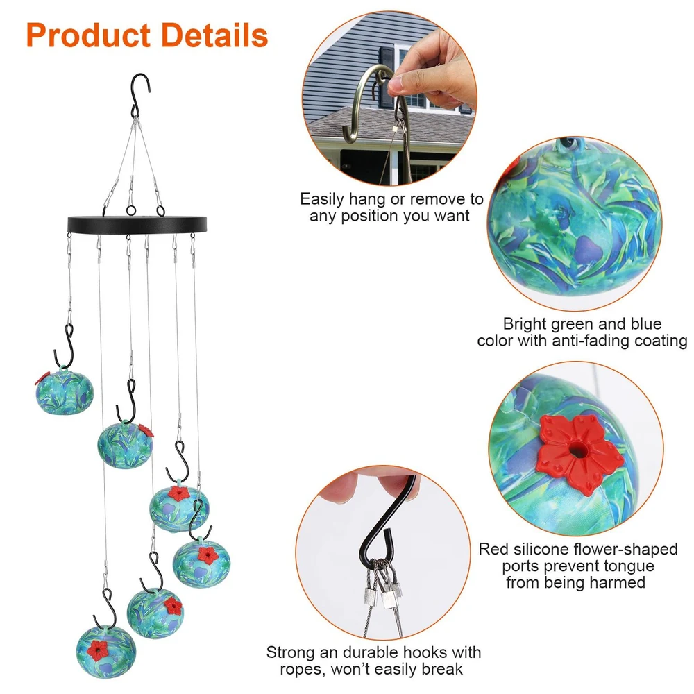 Vibrant green and blue hanging decorative balls with red flower-shaped ports, featuring durable hooks and anti-fading coating for outdoor use.