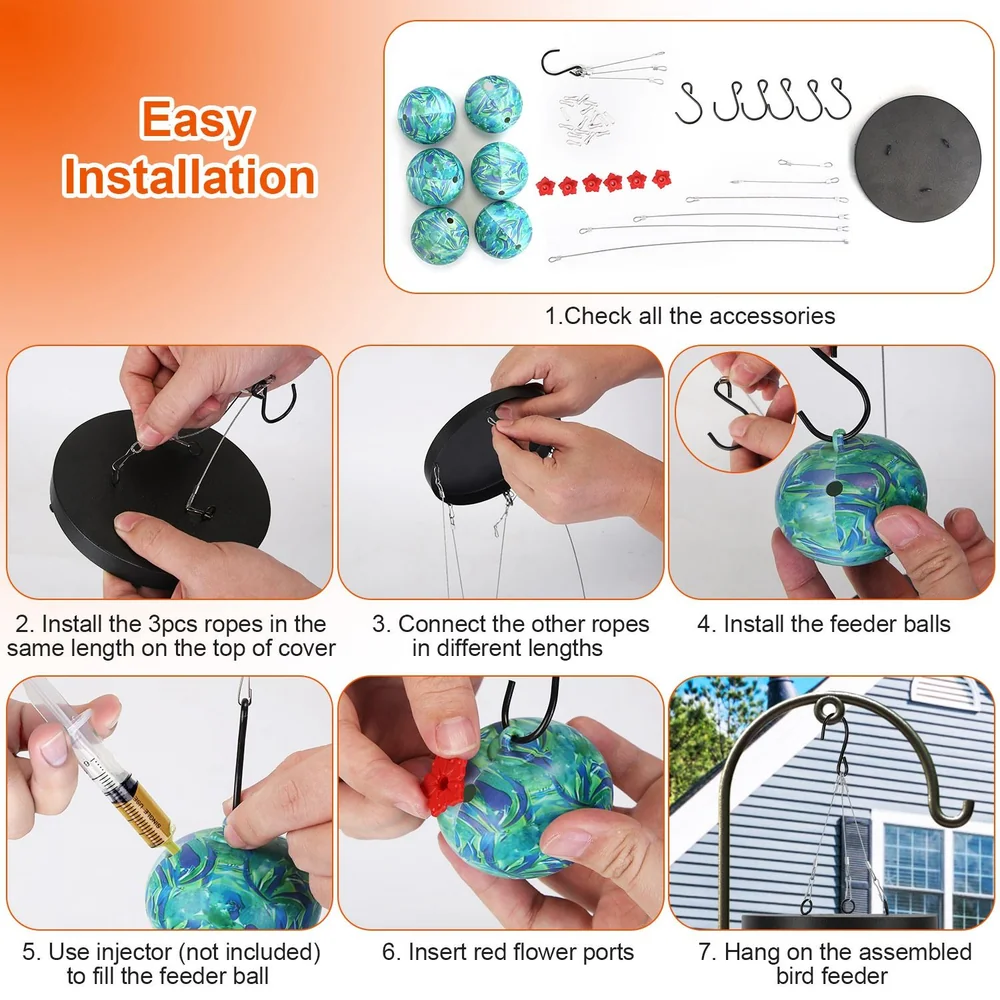 Easy installation guide for bird feeder assembly, showcasing step-by-step process with hands attaching ropes and feeder balls, including necessary accessories like hooks and flower ports.