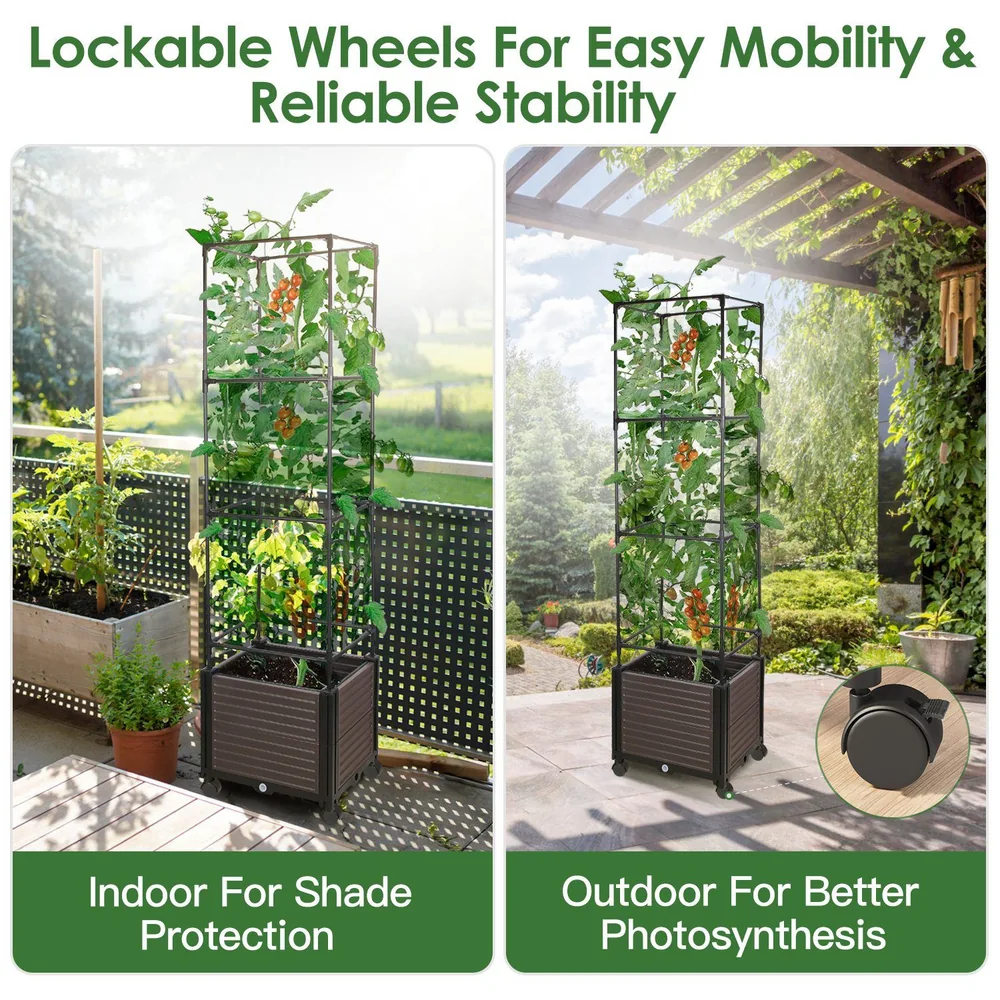 Vertical garden planter with lockable wheels for mobility and stability, featuring healthy green plants on a patio and balcony setting, showcasing both indoor shade protection and outdoor photosynthesis benefits.
