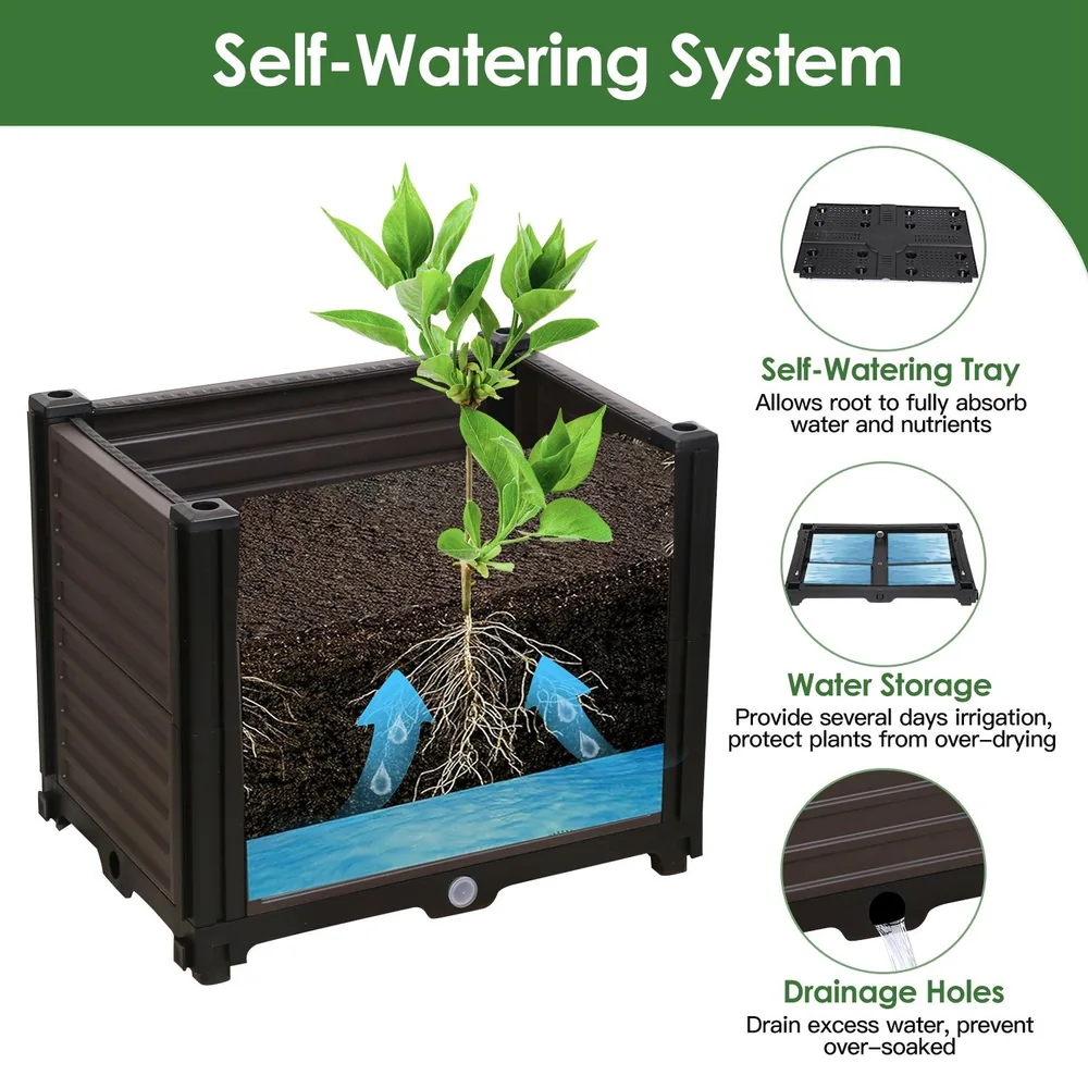 Self-watering planter box with a clear view of roots, showcasing water storage and drainage features for efficient plant care.