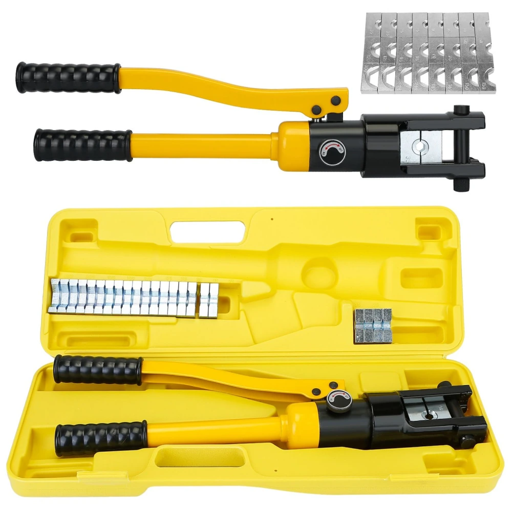 Professional hydraulic crimping tool kit with yellow carrying case, featuring dual handles, crimping head, and multiple crimping dies for efficient electrical connections.