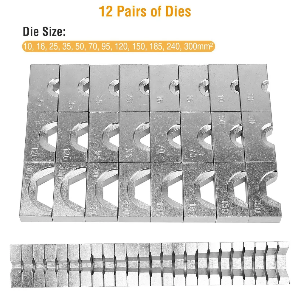 12 pairs of metal dies in various sizes (10, 16, 25, 35, 50, 70, 95, 120, 150, 185, 240, 300 mm²) arranged neatly on a surface, showcasing precise measurements for versatile crafting and industrial applications.