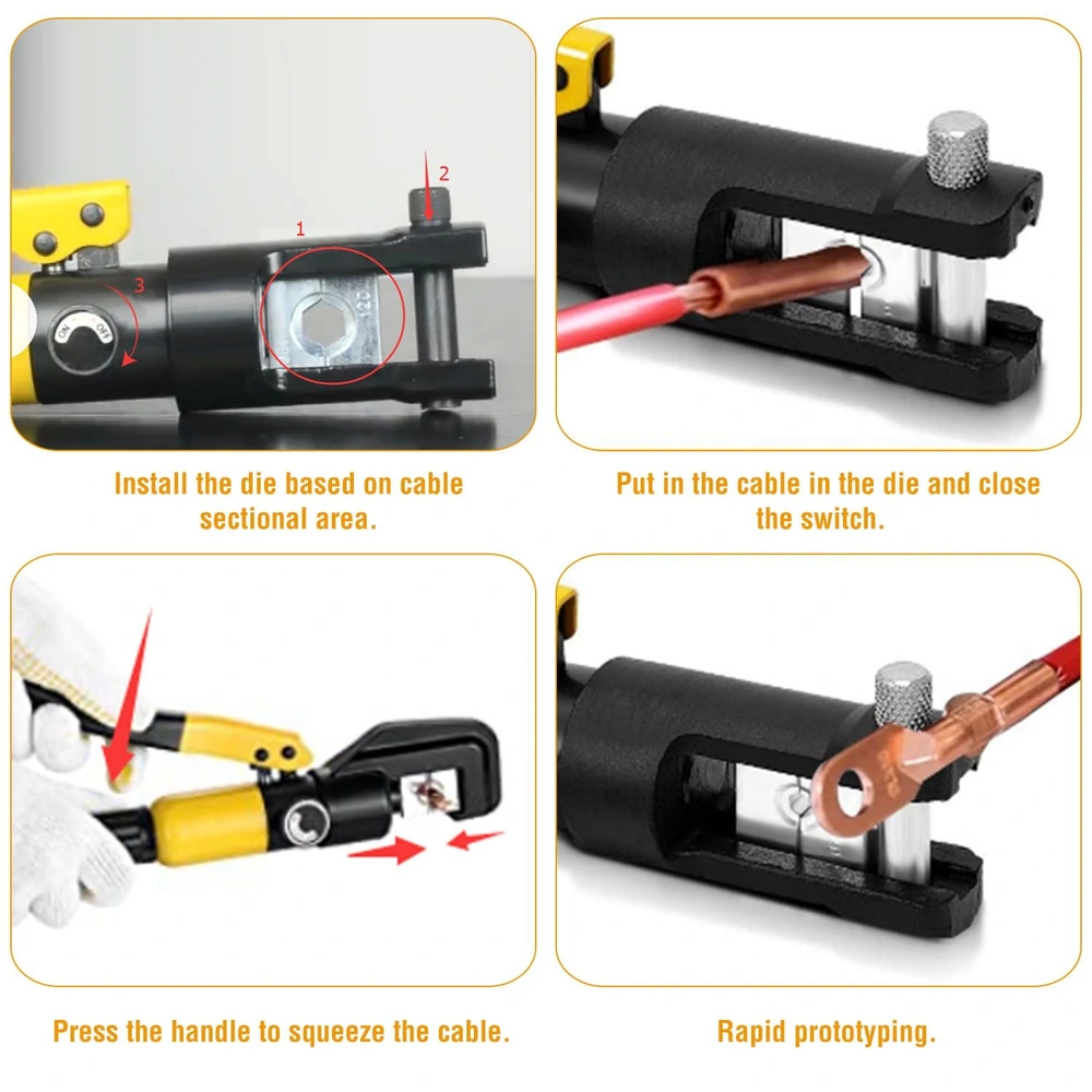 Instructional image demonstrating the steps to use a hydraulic cable crimper, including die installation, cable insertion, and pressing the handle for secure crimping.
