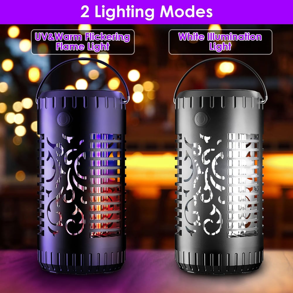 Portable decorative lantern with two lighting modes: warm flickering flame light on the left and bright white illumination on the right, featuring an elegant cut-out design and a convenient handle for easy carrying.