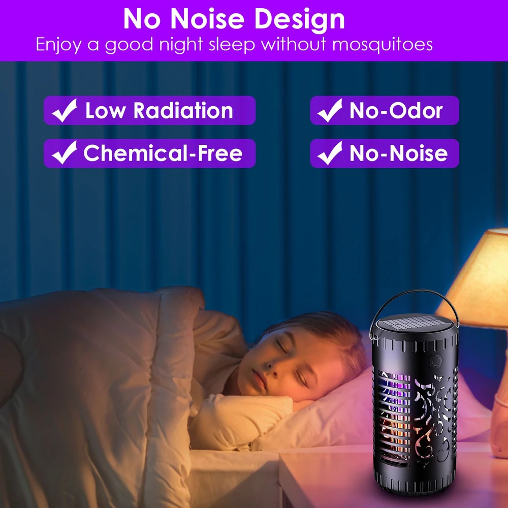 Mosquito repellent lamp designed for indoor use, featuring low radiation, chemical-free, and silent operation for a restful sleep environment.