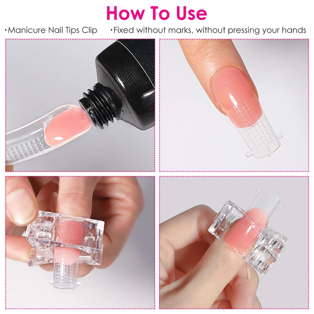 Step-by-step guide on using a manicure nail tips clip, demonstrating product application and secure hold for flawless nail enhancements.