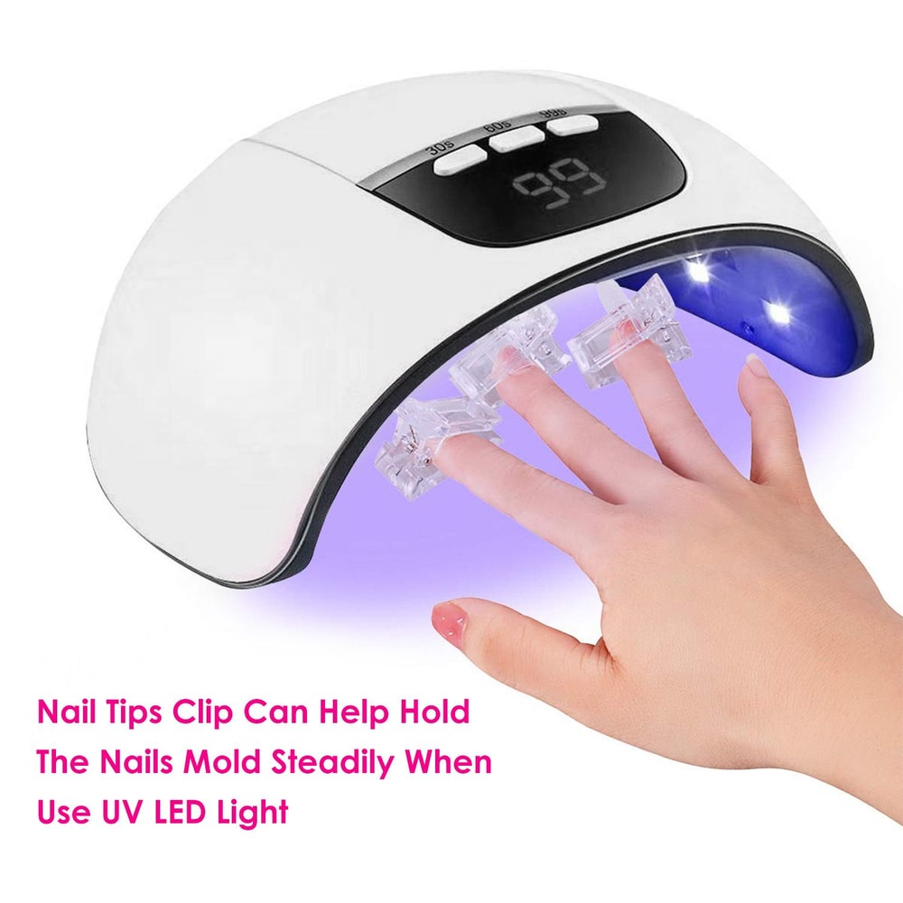 UV LED nail lamp with a digital timer, holding clips, and a hand positioned inside for curing gel nails.