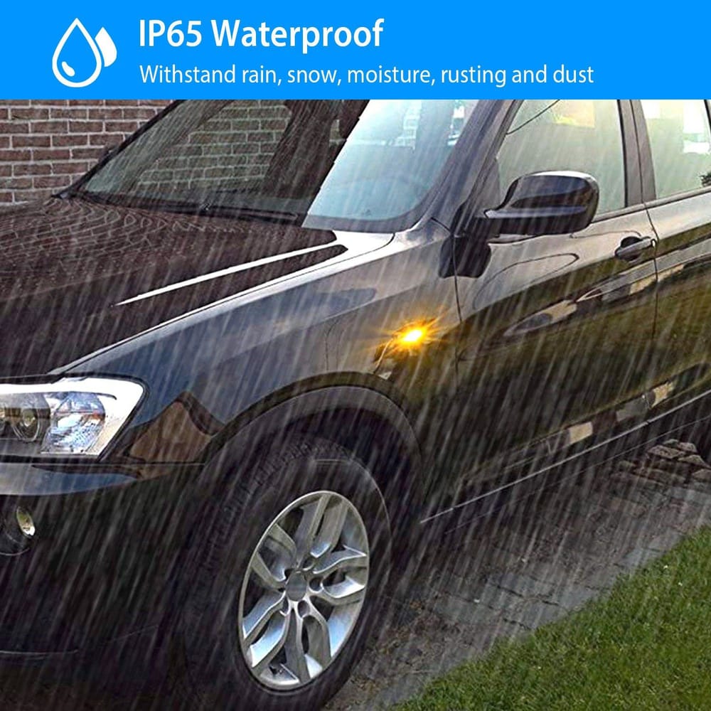 Black SUV under heavy rain showcasing IP65 waterproof feature, designed to resist moisture, snow, dust, and rust.