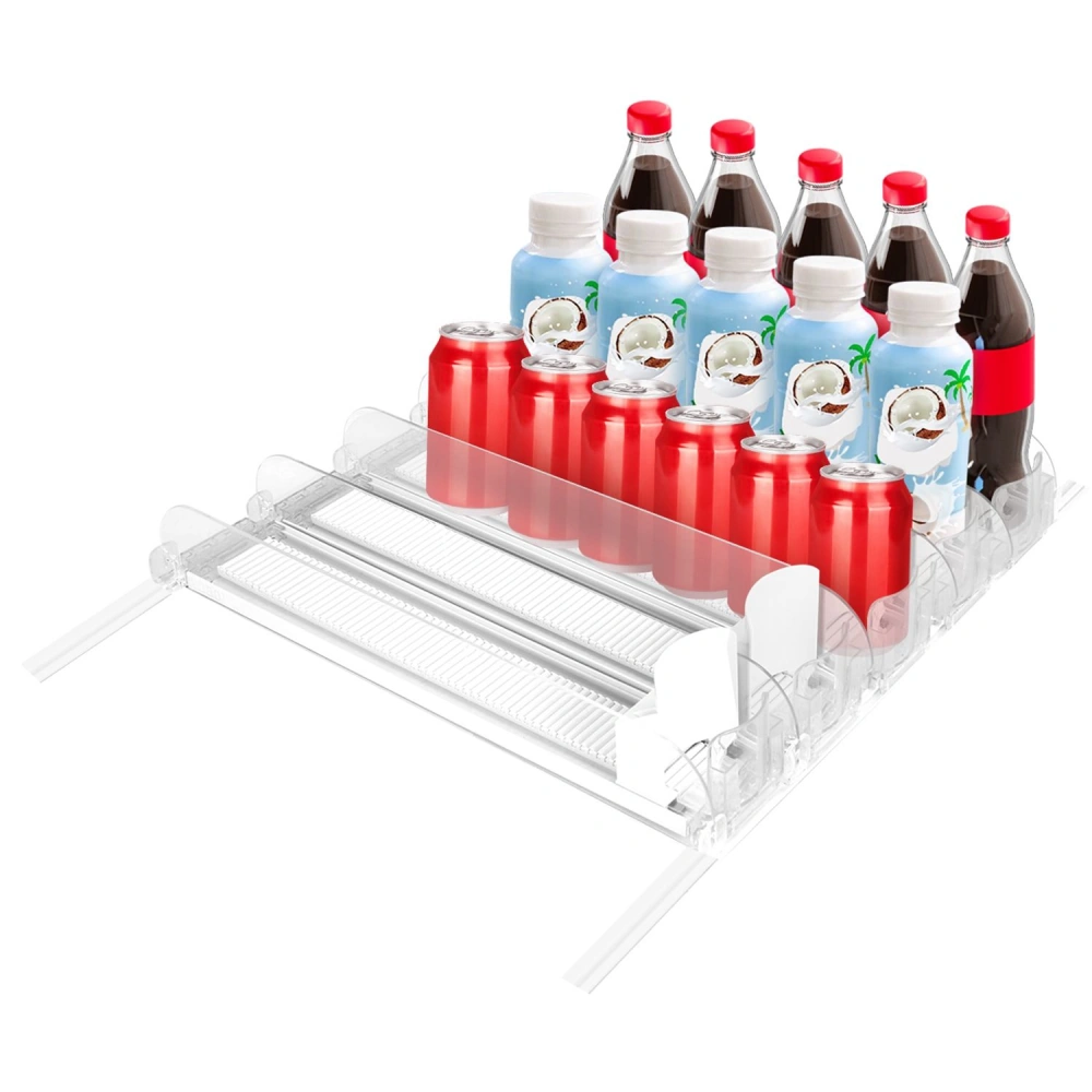 Clear beverage organizer with cans and bottles, featuring a sliding design for easy access and efficient storage.