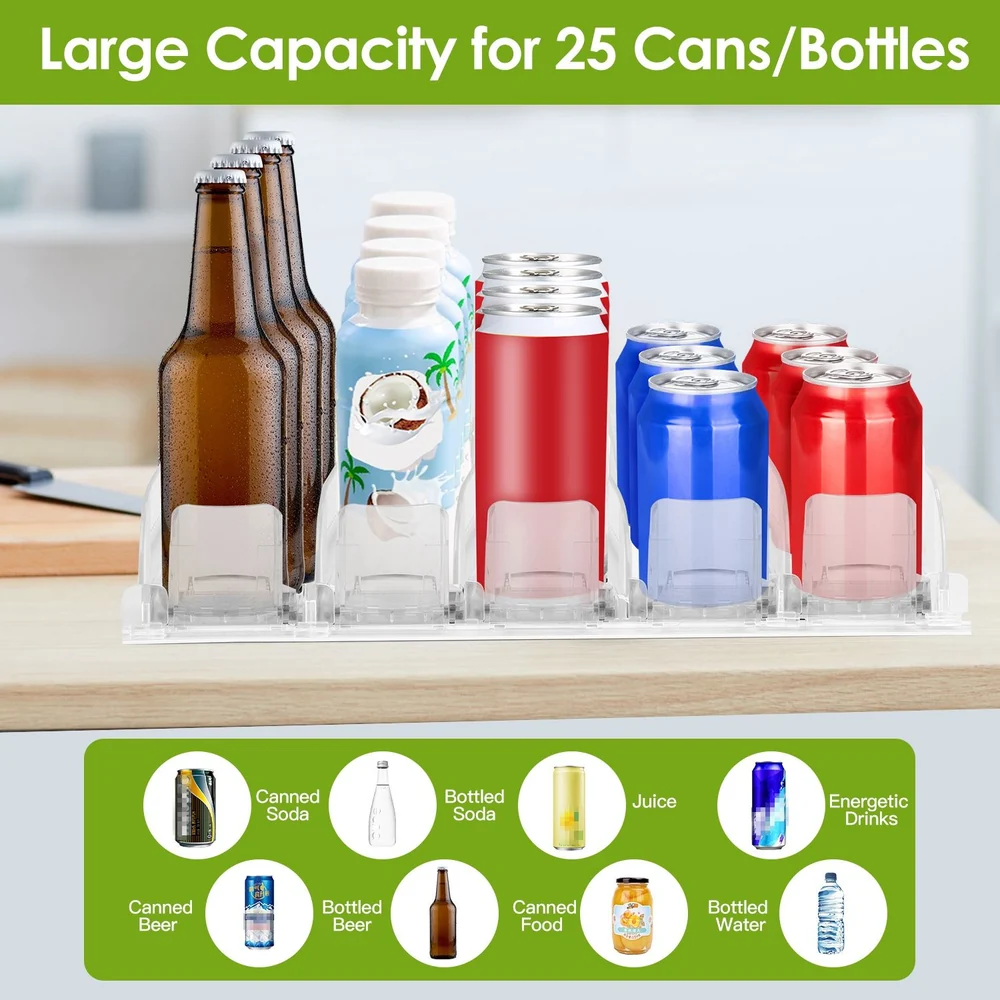 Clear beverage organizer holding 25 cans and bottles, including a mix of beer, soda, and juice, ideal for maximizing fridge space and maintaining order.