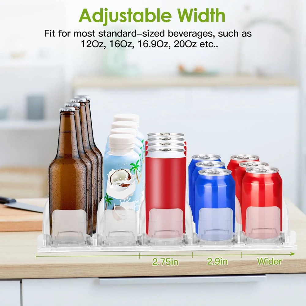 Adjustable beverage holder displaying a variety of standard-sized drinks including beer bottles, soda, and juice cartons, highlighting its expandable design for optimal storage efficiency.
