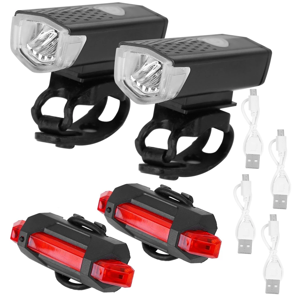 USB rechargeable bike light set featuring two front white LED lights and two rear red LED lights, designed for enhanced safety during nighttime rides.