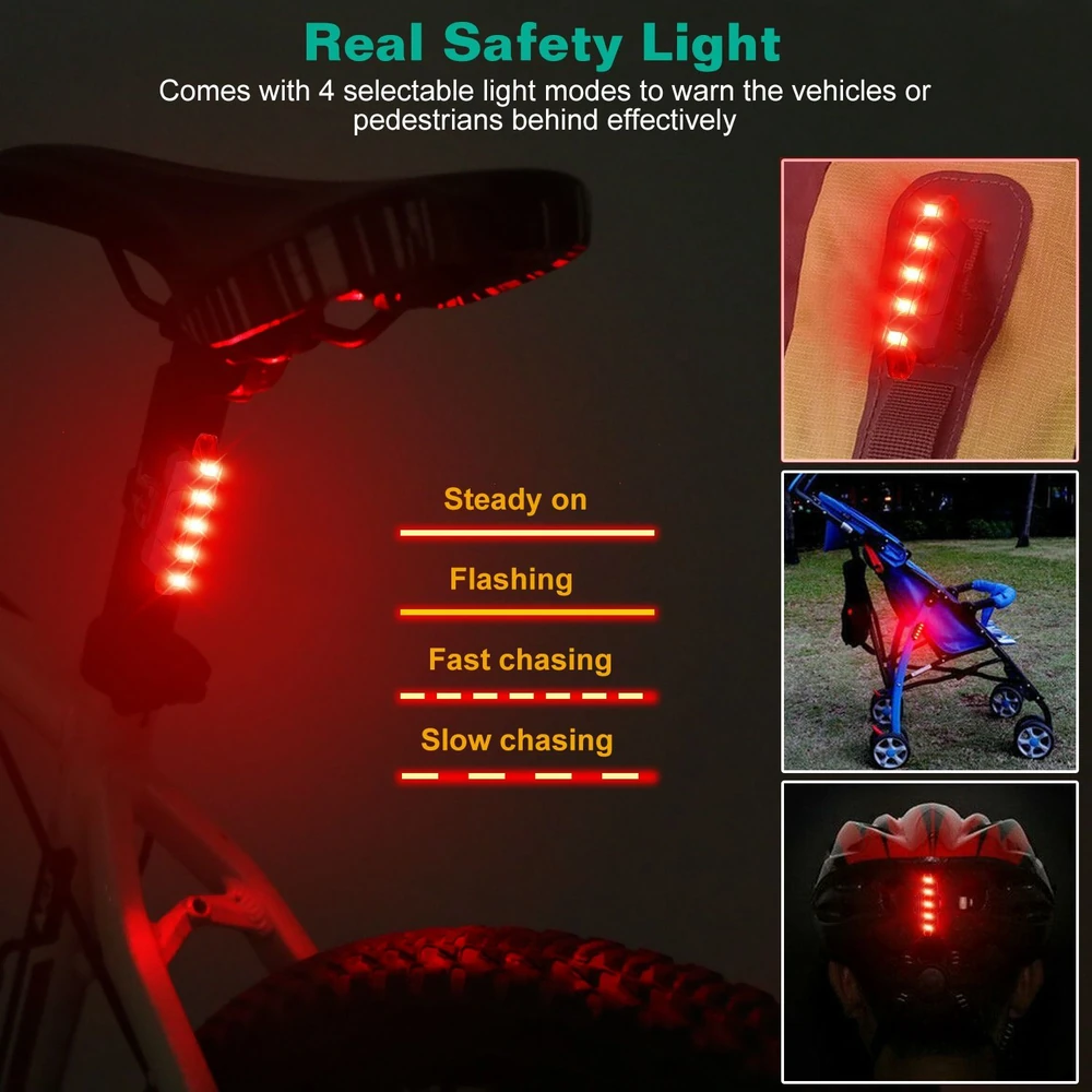 Red safety bike light with four selectable modes: steady, flashing, fast chasing, and slow chasing, mounted on a bicycle seat post, ideal for enhancing visibility for cyclists, stroller users, and pedestrians at night.