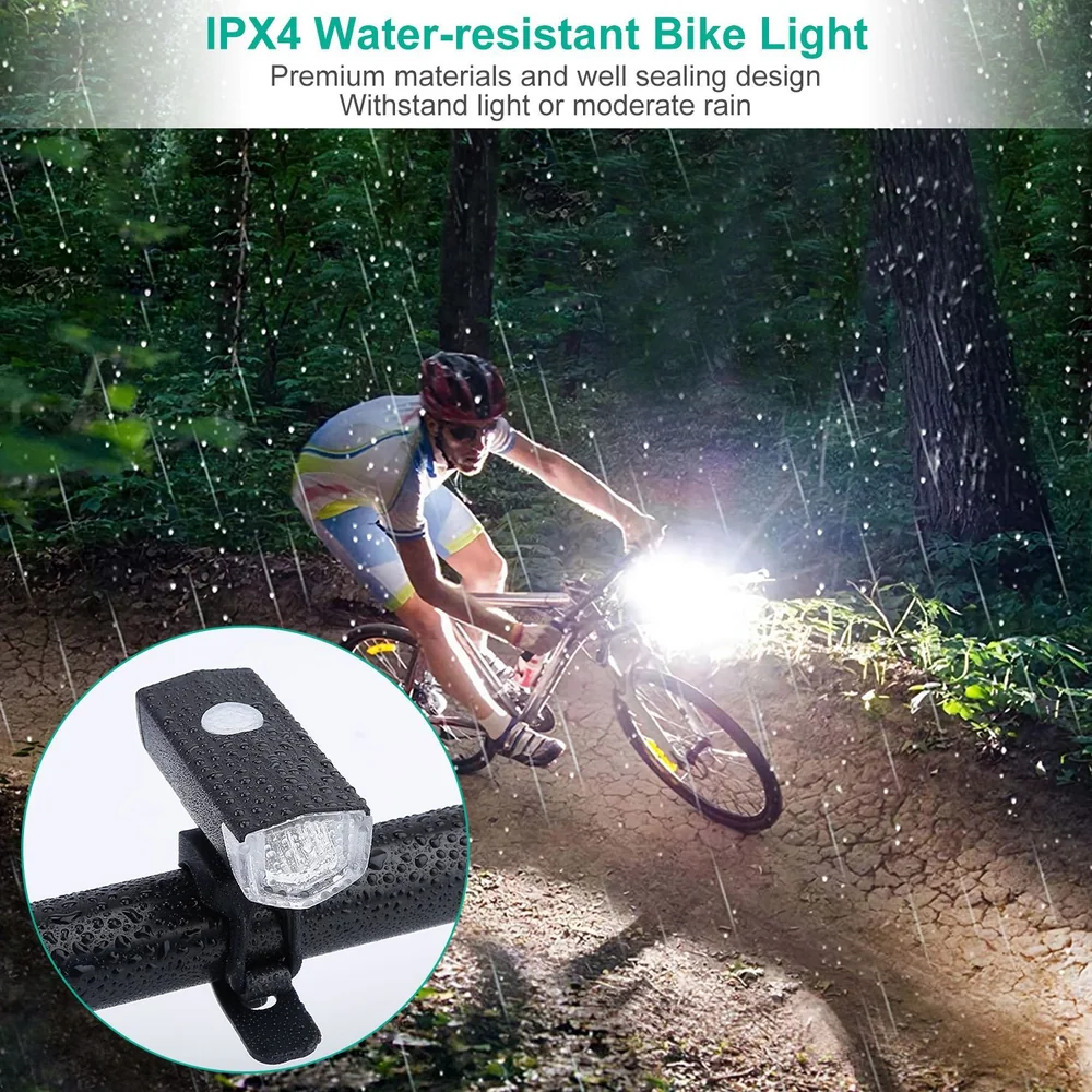 IPX4 water-resistant bike light illuminating a cyclist on a rain-soaked trail, showcasing its premium materials and durable design suitable for light to moderate rain conditions.