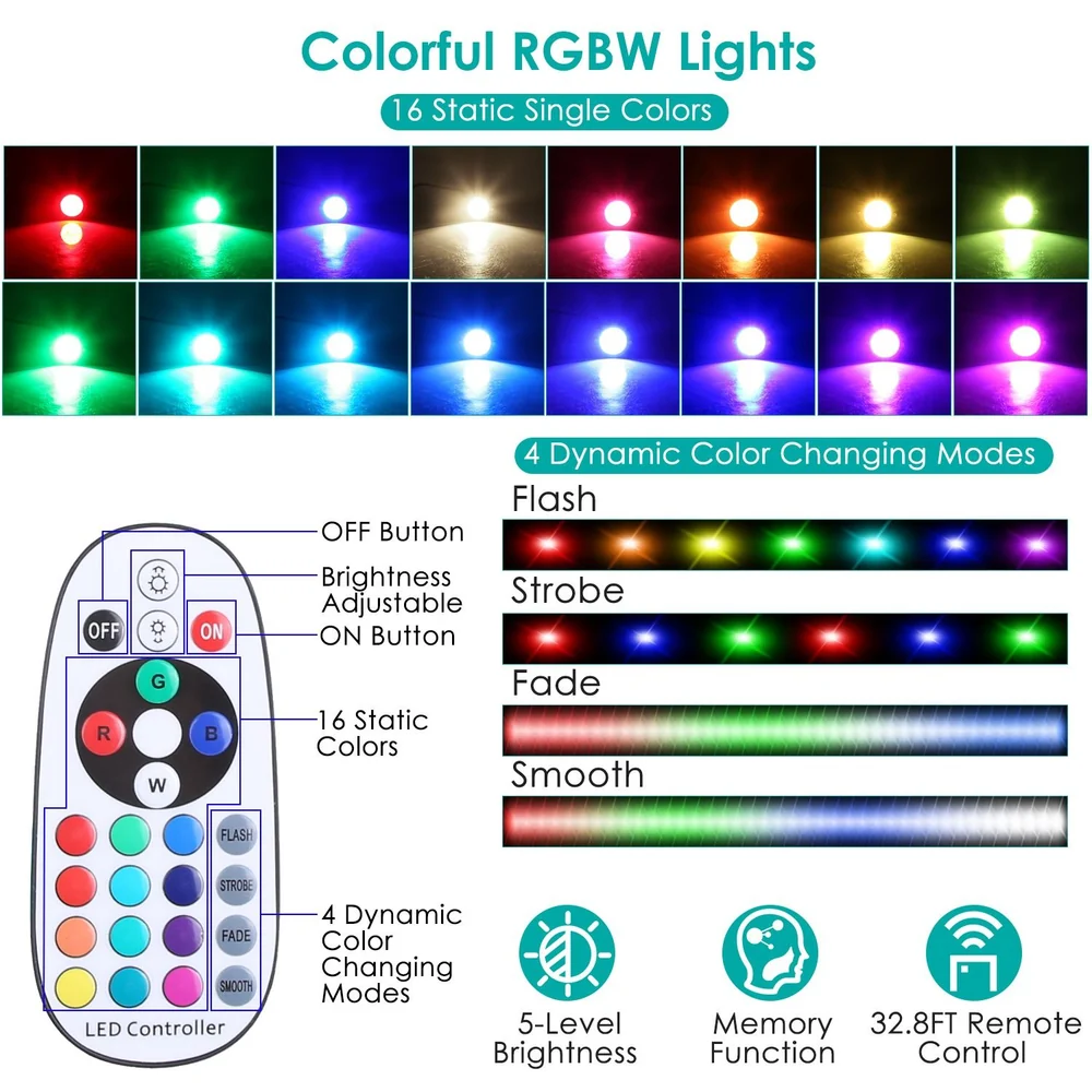 Colorful RGBW lights with 16 static colors and 4 dynamic modes including flash, strobe, fade, and smooth, featuring a remote control with adjustable brightness and memory function.