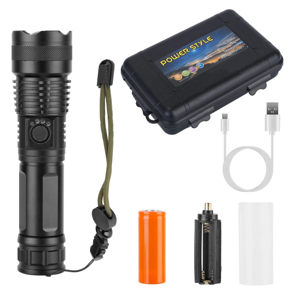 High-powered rechargeable LED flashlight with a durable design, USB charging cable, orange battery, battery holder, and protective carrying case, ideal for camping and outdoor use.