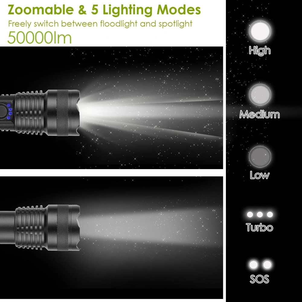 Powerful LED flashlight with 50000 lumens, featuring adjustable zoom and five lighting modes: High, Medium, Low, Turbo, and SOS, ideal for versatile outdoor and emergency use.