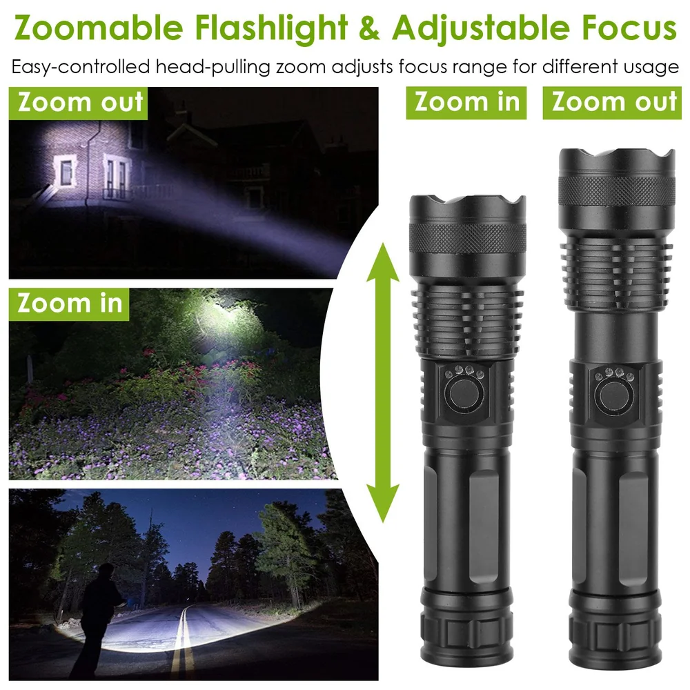 Zoomable flashlight with adjustable focus showcasing its capability to zoom in and out for different lighting needs, featuring an ergonomic design and easy-to-use controls.