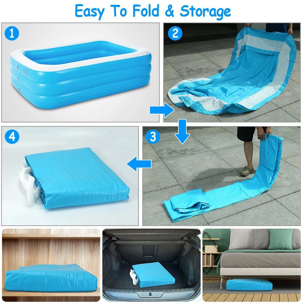 Inflatable folding pool with clear step-by-step instructions for easy setup and storage, demonstrating its compact design for versatile use in various settings.