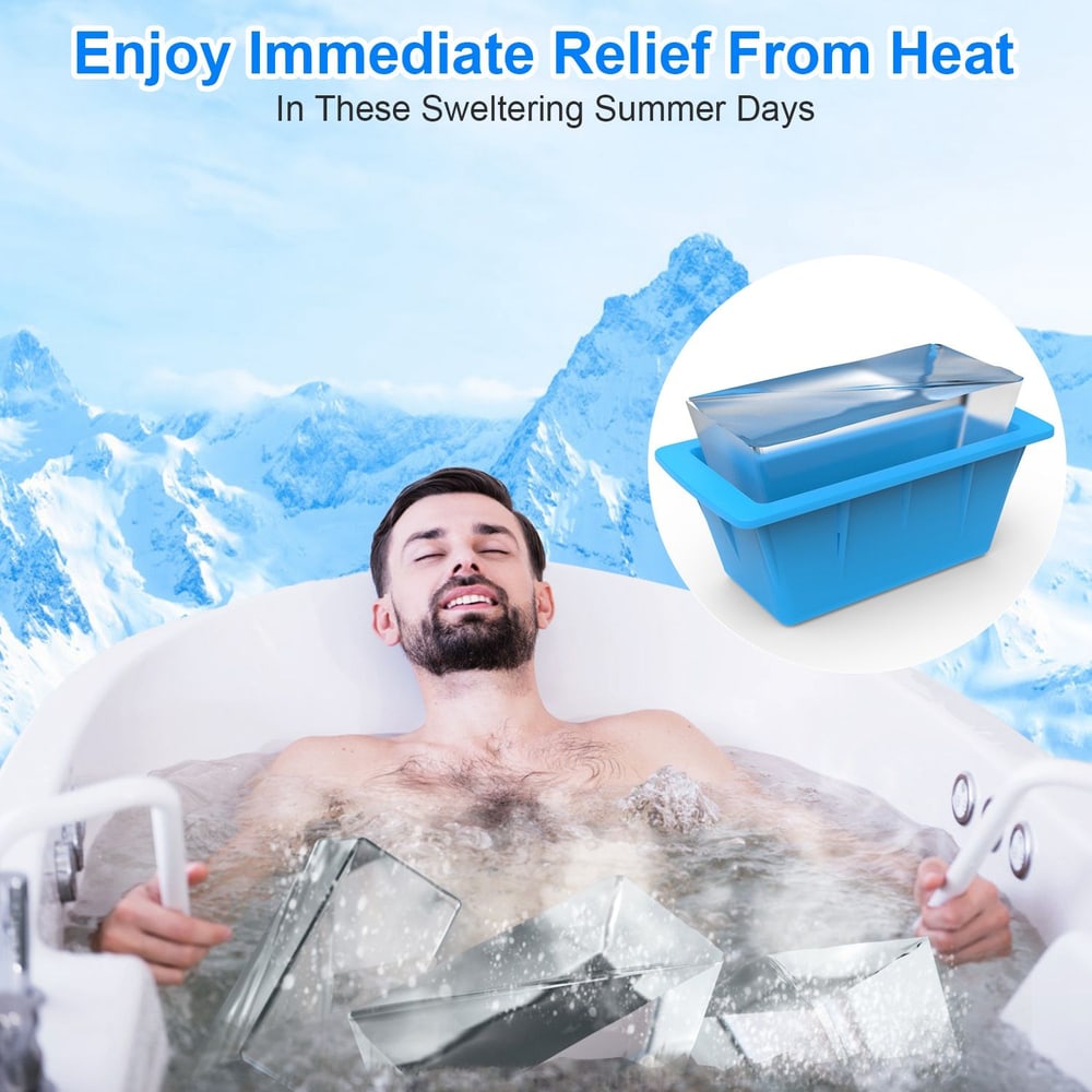 Person relaxing in a hot tub filled with water and ice cubes, accompanied by a blue cooling bath basin, set against a backdrop of snowy mountains, illustrating a product for instant summer heat relief.
