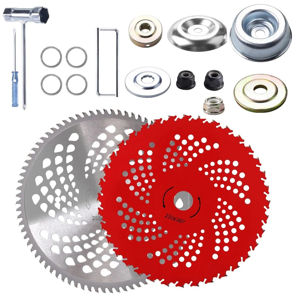 Set of durable circular saw blades, including a silver 255mm blade and a red 230mm blade with intricate hole patterns, along with essential accessories like washers, nuts, and a screwdriver, ideal for woodworking and metalworking tasks.