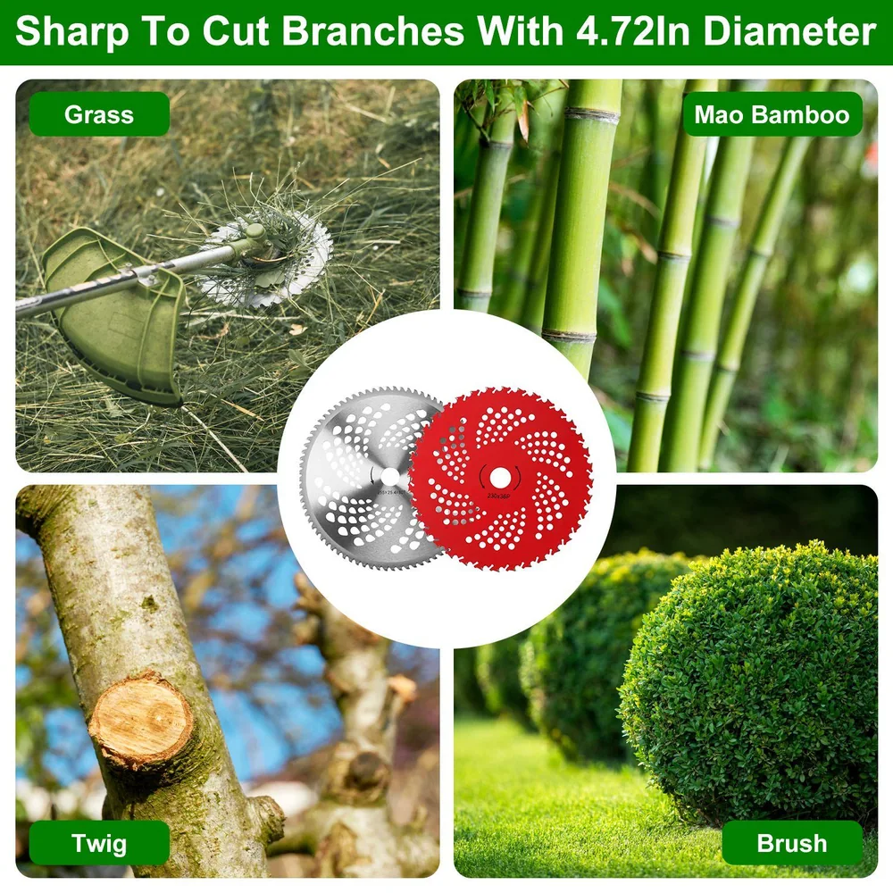 Image showcasing a 4.72-inch diameter saw blade designed for cutting grass, bamboo, twigs, and brush, emphasizing its sharpness and versatility for garden maintenance.