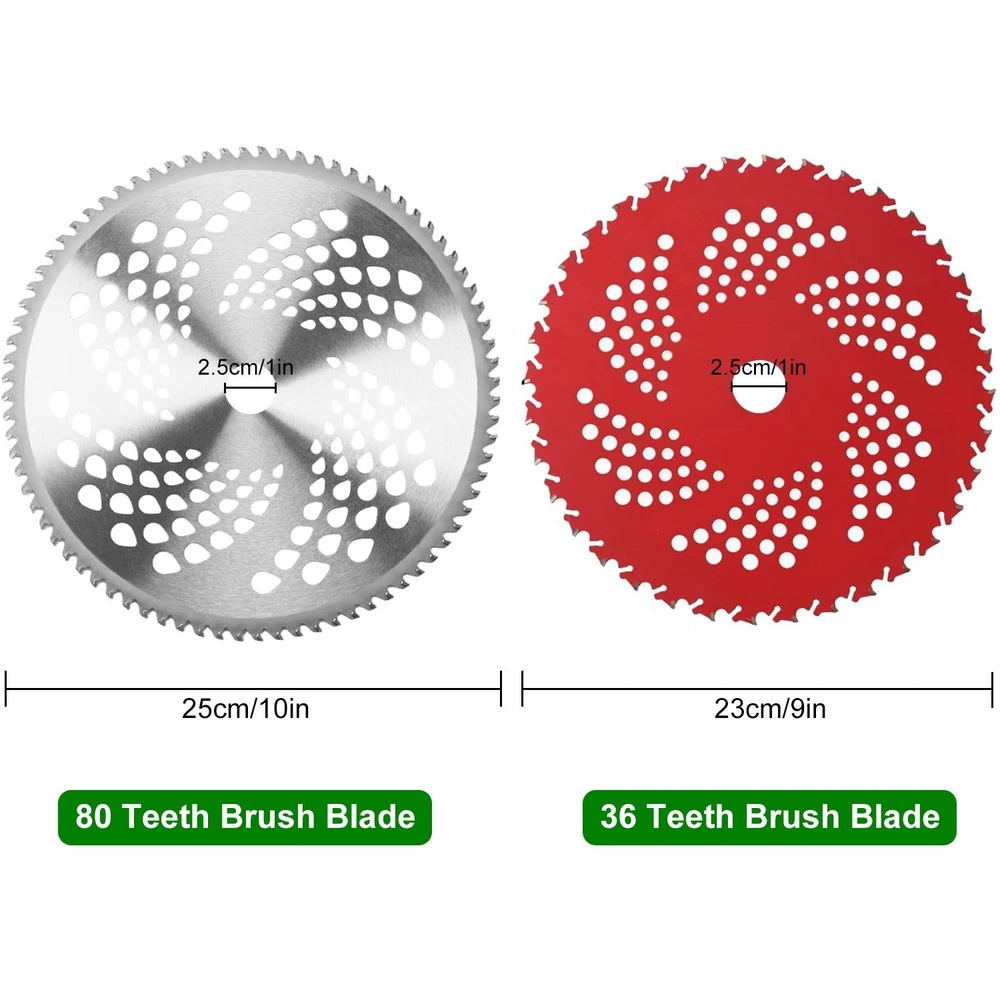 Two saw blades side by side: a silver 80 teeth brush blade measuring 25cm (10in) and a red 36 teeth brush blade measuring 23cm (9in), both showing a central hole of 2.5cm (1in).