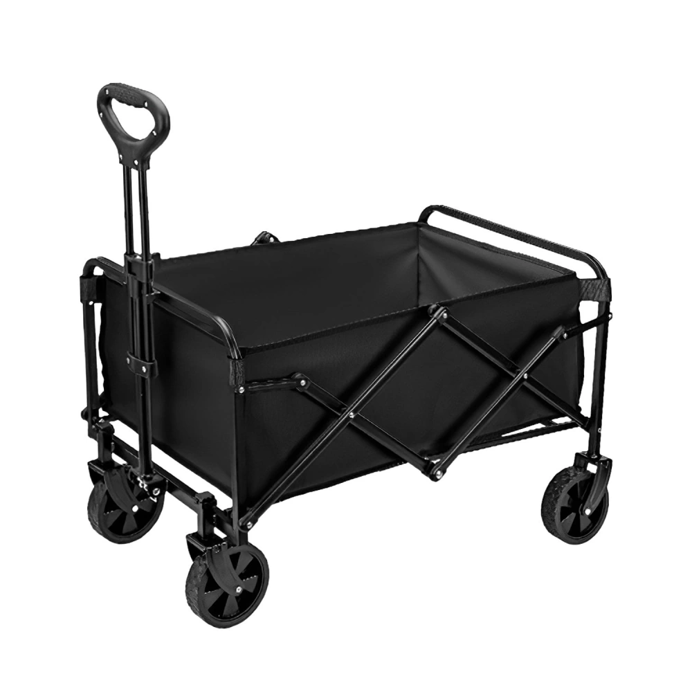 Collapsible black utility wagon with durable fabric and sturdy frame, featuring two front wheels and a telescoping handle for easy transport.