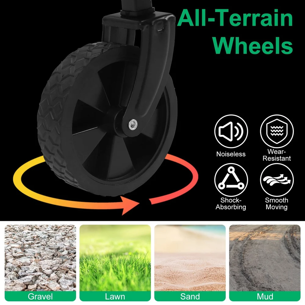 All-terrain black wheel showcasing durability and versatility, highlighting features such as noise reduction, wear resistance, shock absorption, and smooth movement over various surfaces including gravel, lawn, sand, and mud.