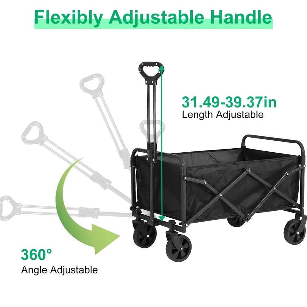 Adjustable collapsible wagon with a flexible handle, showcasing length adjustment from 31.49 to 39.37 inches and 360-degree angle adjustability for easy maneuverability.