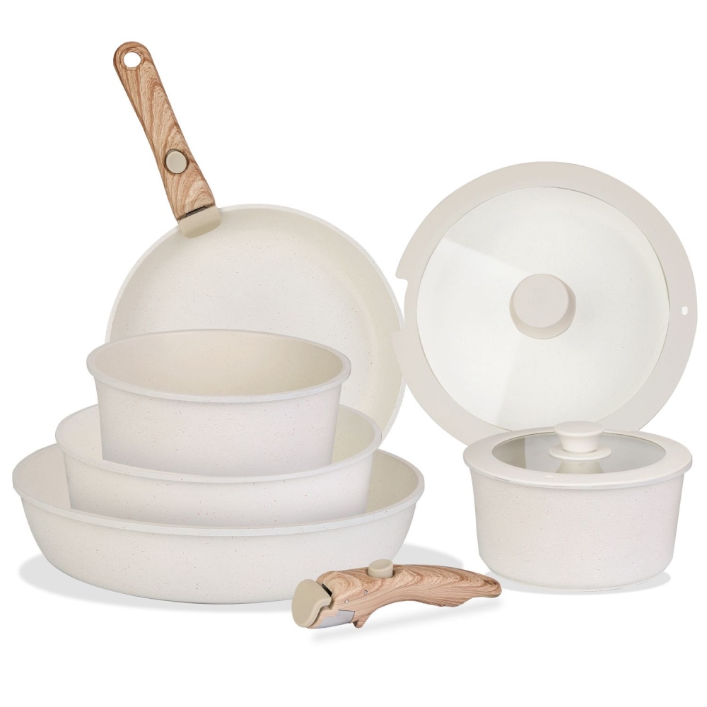 Cooking set featuring three white ceramic non-stick pans with an elegant wood-accented handle, alongside a small pot with a lid and a round glass lid, all designed for efficient cooking and stylish kitchen aesthetics.