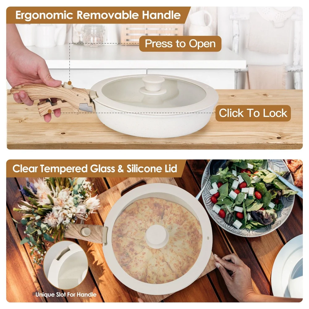 Ergonomic removable handle cookware with clear tempered glass and silicone lid, demonstrating press-to-open and click-to-lock features, ideal for easy cooking and serving.