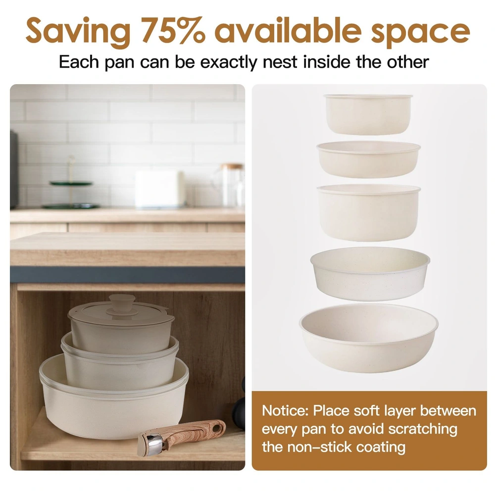 Nesting cookware set showcasing three stackable, non-stick pans in neutral colors, designed to save 75% of kitchen space while ensuring easy storage and organization.