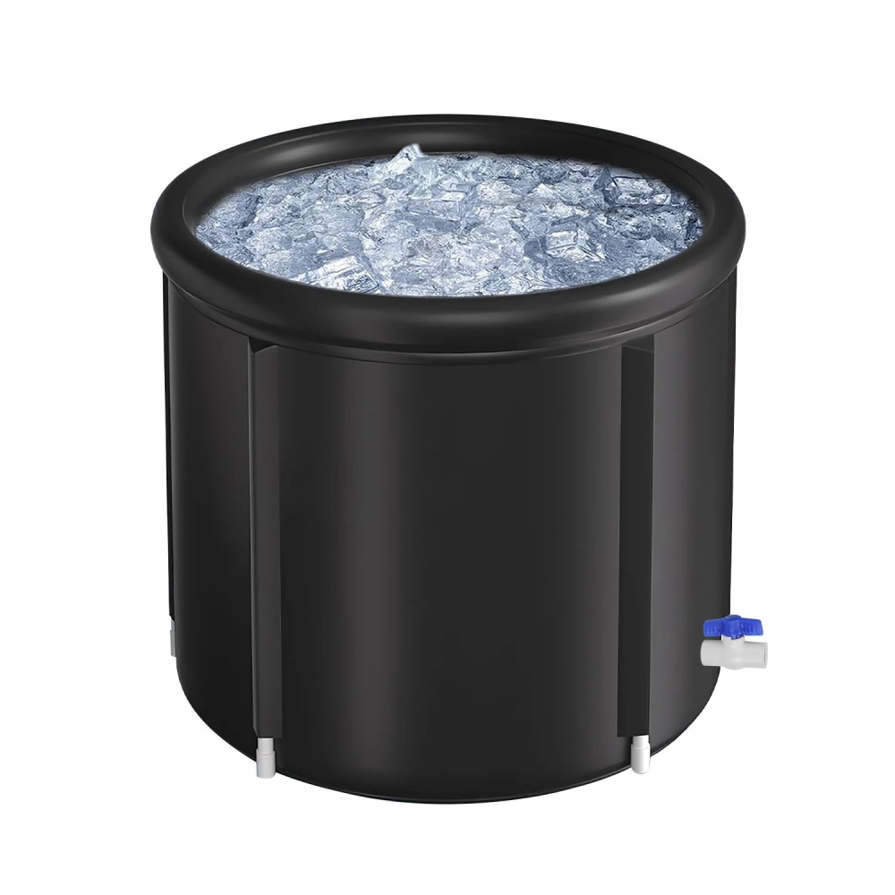 Black circular ice bucket filled with clear ice cubes, featuring a blue valve for drainage and a sleek, modern design ideal for parties and outdoor events.