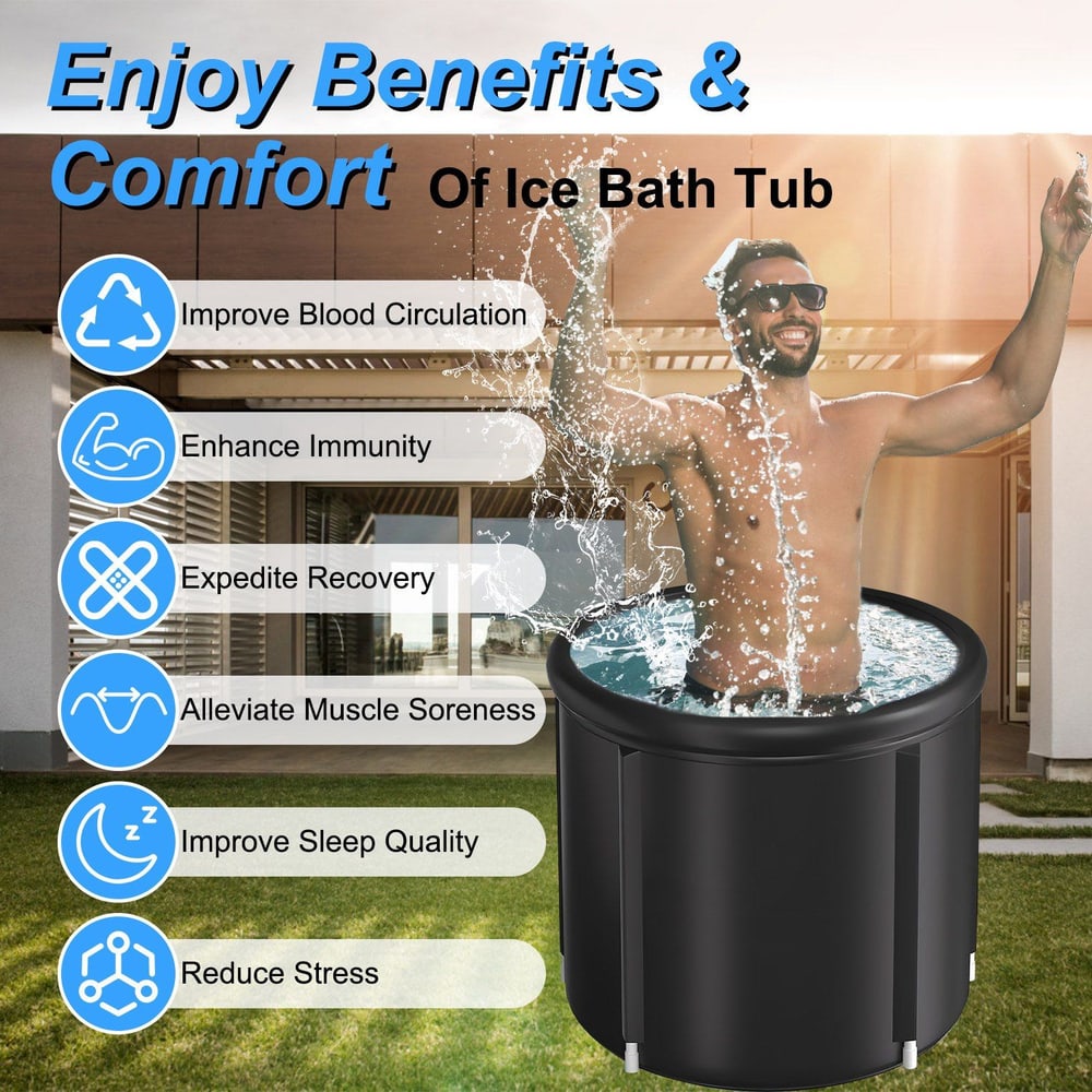 Ice bath tub with a person submerged, showcasing water splashing, designed to improve blood circulation, enhance immunity, expedite recovery, alleviate muscle soreness, improve sleep quality, and reduce stress, set in a modern outdoor environment.