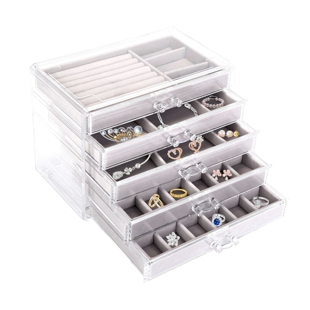 Clear acrylic jewelry organizer with multiple drawers, displaying rings, earrings, and necklaces on soft grey lining for protection and easy access.