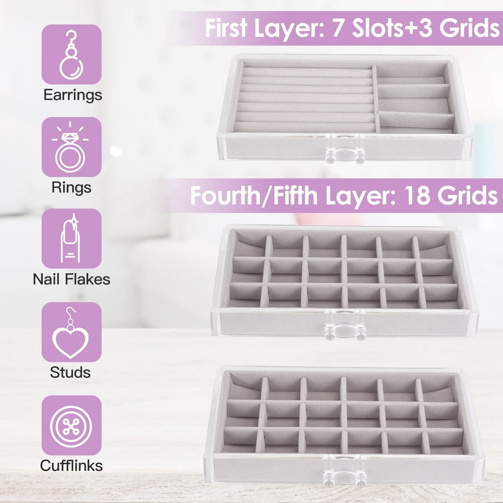 Jewelry organizer with multiple layers for earrings, rings, nail flakes, studs, and cufflinks, featuring velvety compartments for secure storage.