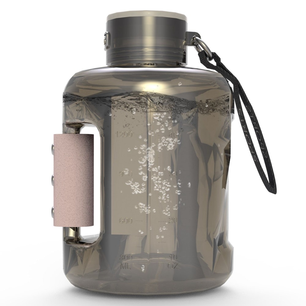 Large gray water bottle with a secure lid, side handle, and measurement markings, filled with bubbles, ideal for hydration on the go.