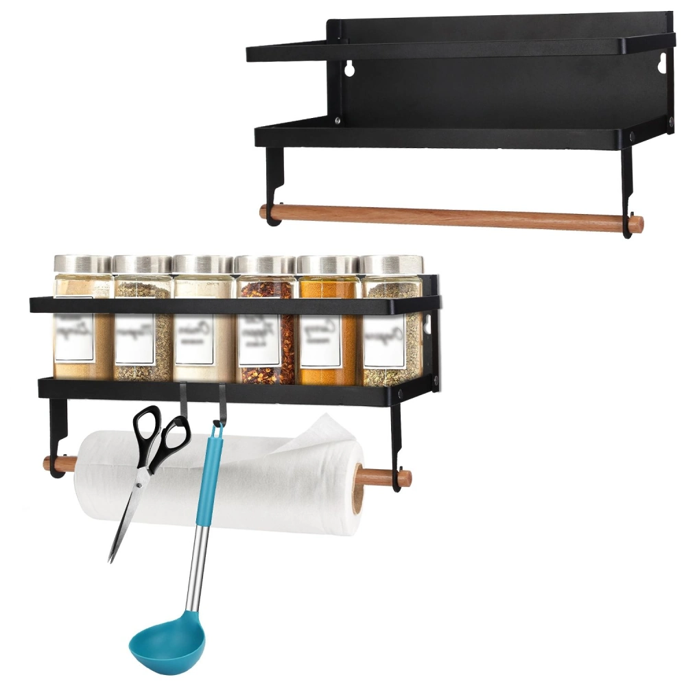 Black metal wall shelf with wooden rod, showcasing clear spice jars and kitchen utensils like scissors and a ladle, perfect for organization and decor in the kitchen.