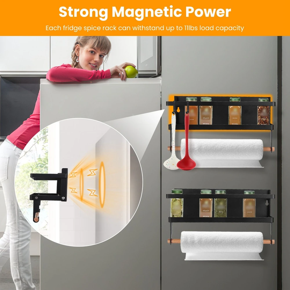 Magnetic spice rack for fridge with jars, utensils, and paper towels, showcasing strong 11lbs capacity and organizational features.