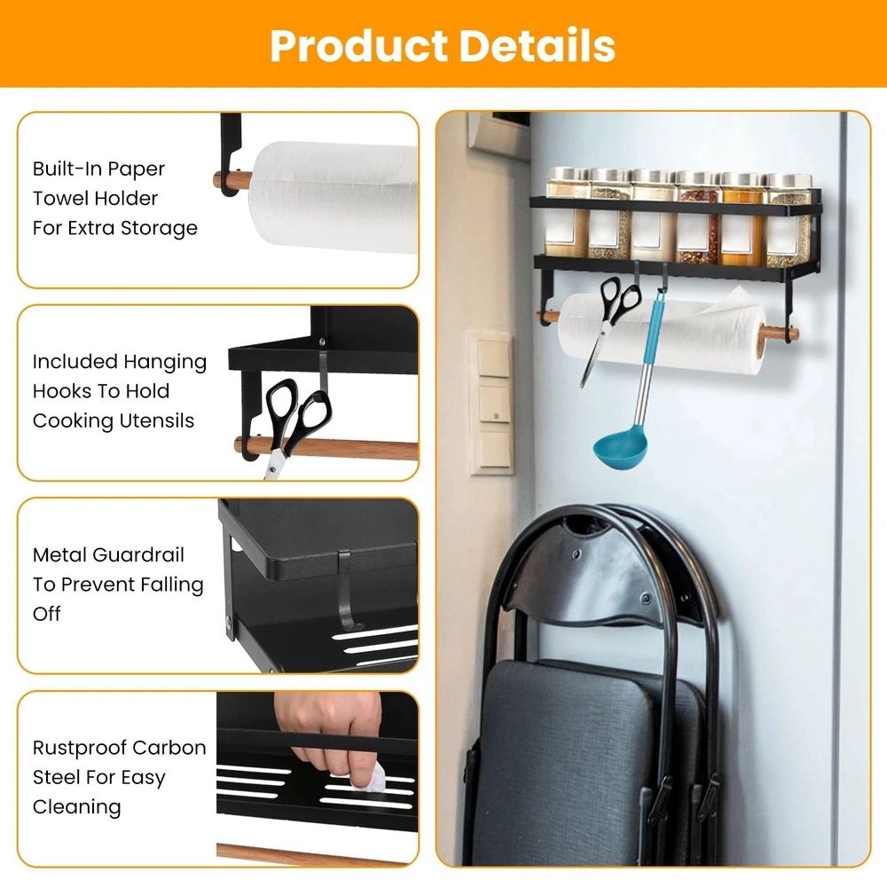 Multi-functional kitchen wall organizer with paper towel holder, spice jars, and hooks for utensils, made of rustproof carbon steel for easy cleaning.