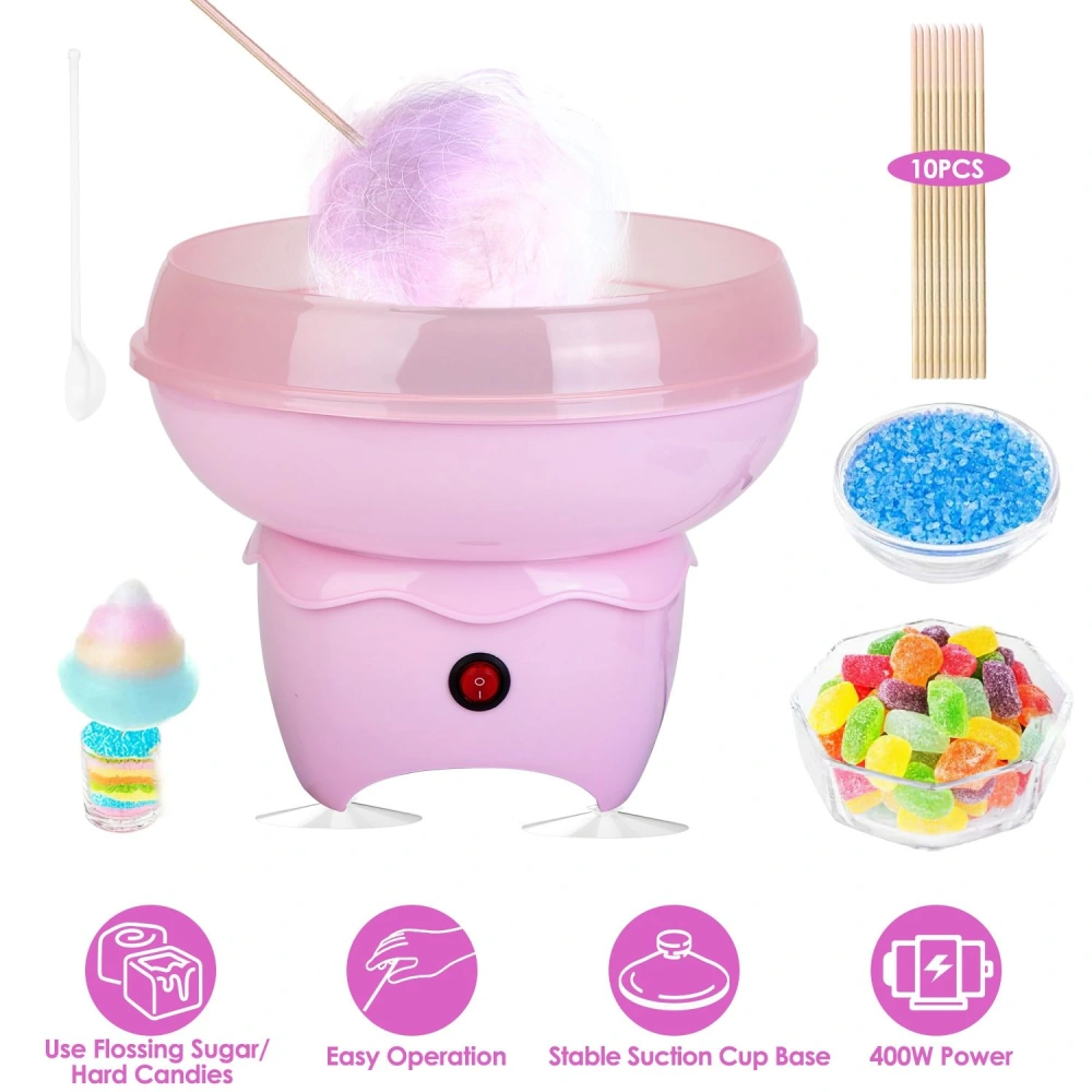 Cotton candy machine in pink, featuring a stable suction cup base, easy operation, candy floss sugar or hard candy usage, with included accessories like cotton candy sticks, flavored sugar crystals, and a bowl of assorted gummy candies, showcasing its 400W power.